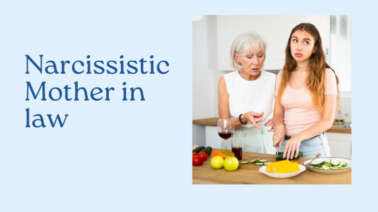 An older woman engages in conversation with a younger woman. The text reads, "Narcissistic Mother-in-Law: the 12 Traits of a Narcissist.