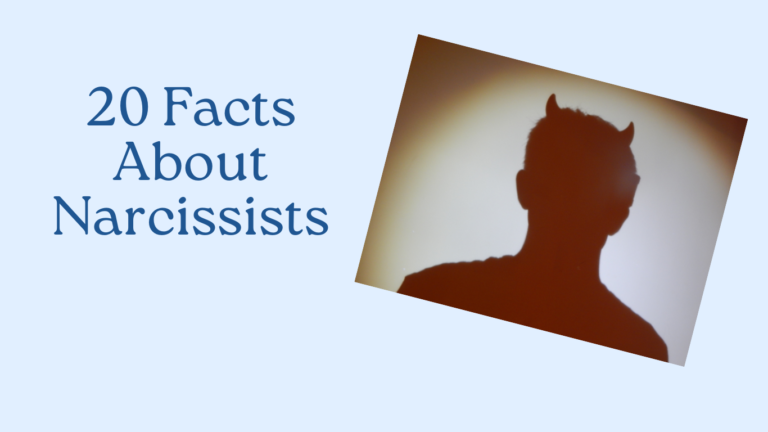 A silhouette of a person with small devil horns stands next to text reading "20 Facts About Narcissists" acting as your narcissist checklist.