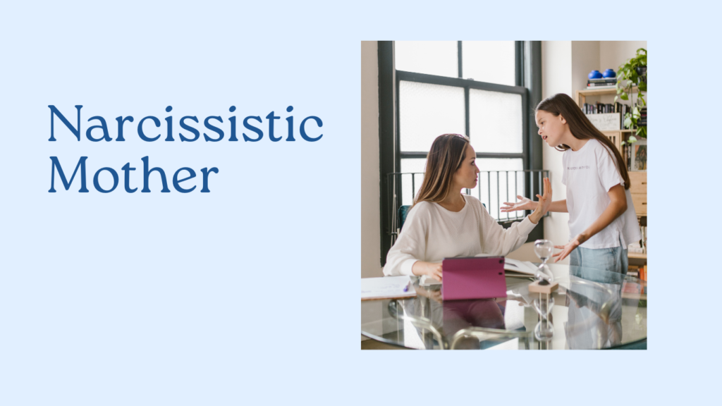 A teenager talking to a seated woman at a table. Text on the left reads, "Narcissistic Mother: 12 Traits of a Narcissist.