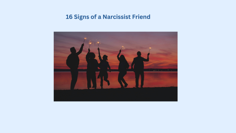 Five people holding sparklers stand and jump by a lake at sunset, under the text "16 Signs of a Narcissist Friend.