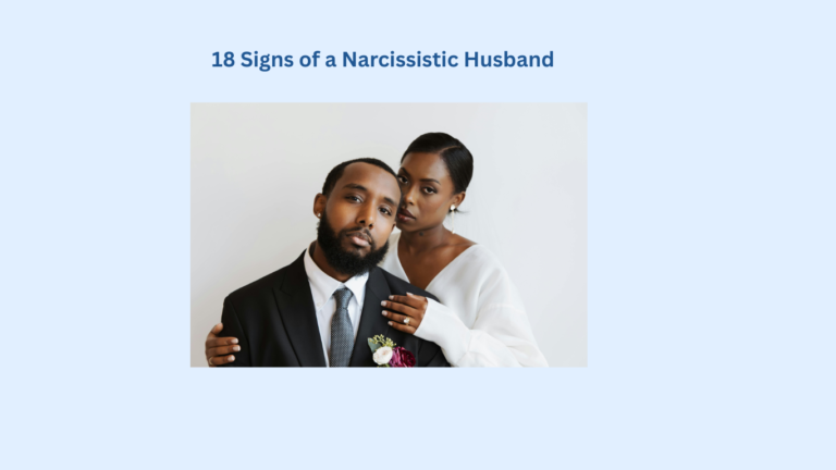 A woman in a white dress stands behind a man in a suit and tie, resting her hands on his shoulders. Text above reads, "18 Signs of a Narcissistic Husband.