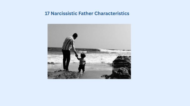 Black and white photo of a man holding a child’s hand on the beach with waves in the background. Text above lists "17 Narcissistic Father Characteristics.