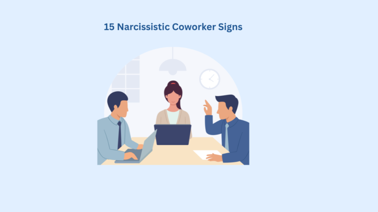 Three people sit at a table with laptops and papers, under the heading "15 Narcissistic Coworker Signs." A clock is visible on the wall behind them.