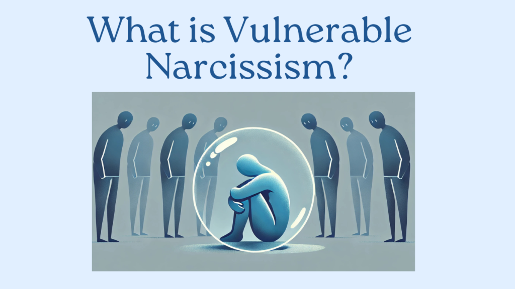 Illustration of a person sitting inside a bubble, surrounded by others, under the text: "What is Vulnerable Narcissism?"