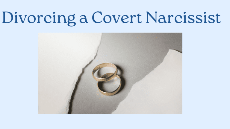 Two gold rings rest on a torn gray and white paper backdrop, with a text saying "divorcing a covert narcissist ".