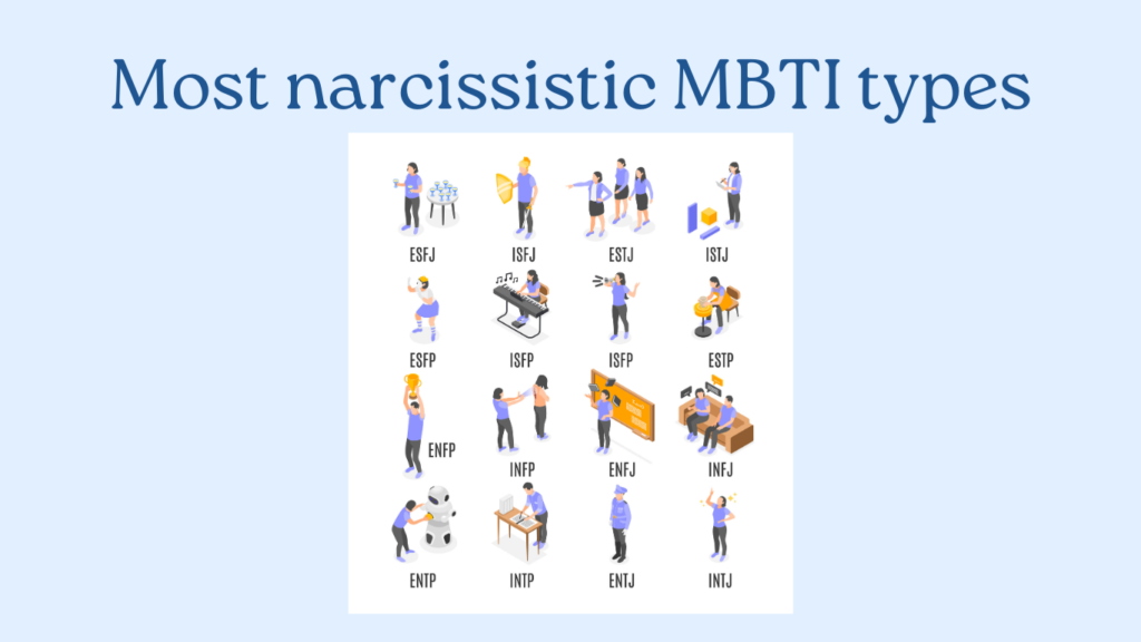Grid of 16 illustrated characters, each depicting a different MBTI type, under the heading "Most narcissistic MBTI types" on a light blue background.
