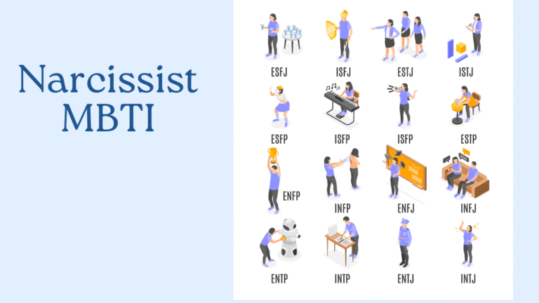 Grid of cartoon characters engaged in various activities, each labeled with an MBTI personality type, under the heading “Narcissist MBTI”