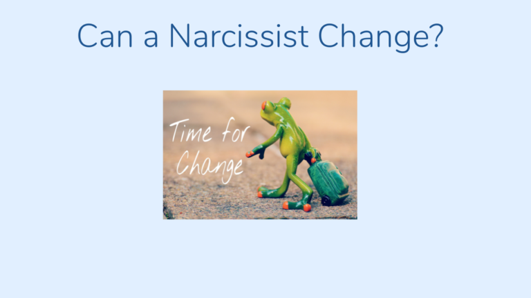 A cartoon frog holding a suitcase stands by text that reads "Can a Narcissist Change?" under the headline "Time for Change.