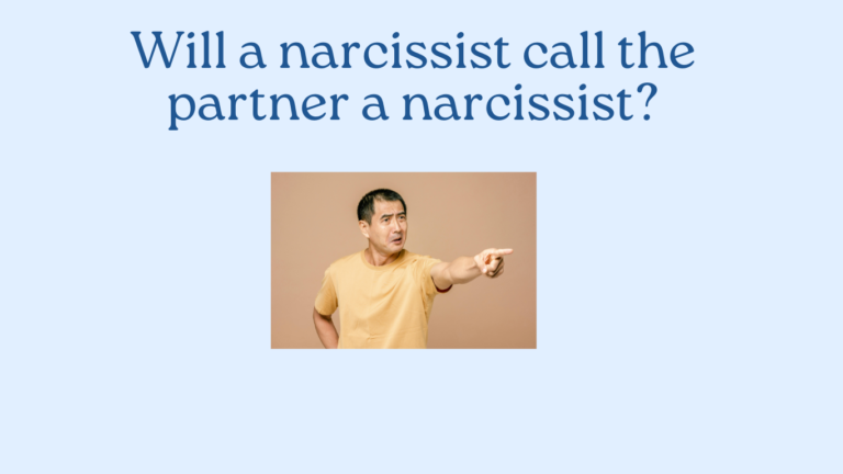 Man in a yellow shirt points forward beneath the text, “Will a narcissist call the partner a narcissist?” set against a light blue background.