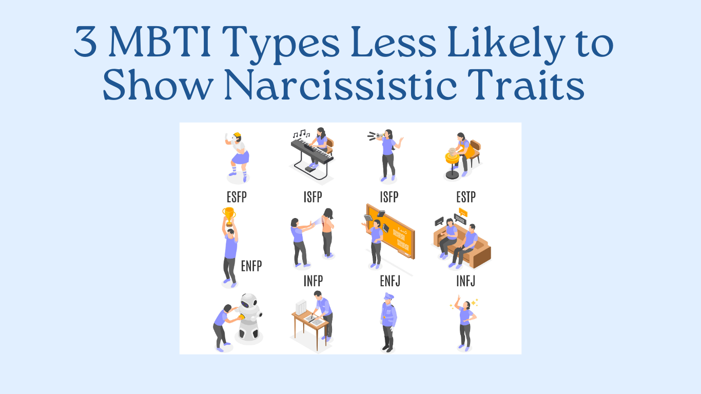 Nine illustrated characters with their MBTI types underneath; the image is titled "3 Least Narcissistic MBTI Types Less Likely to Show Narcissistic Traits.