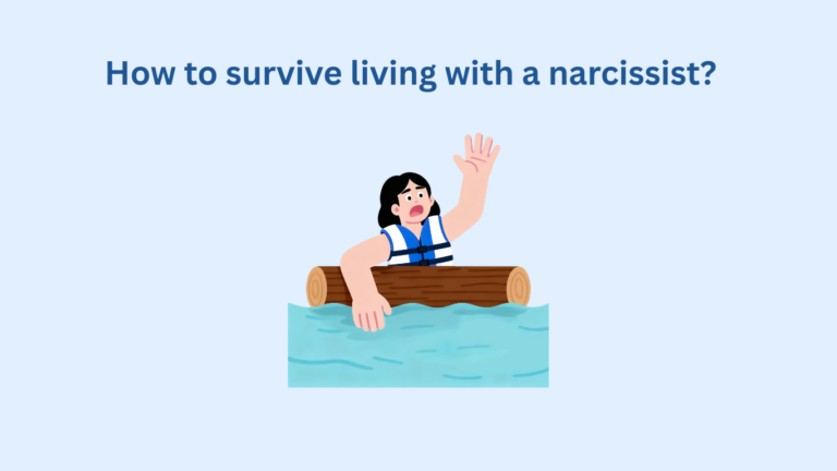Illustration of a distressed person on a log in water, with the question "How to survive living with a narcissist?" above them.