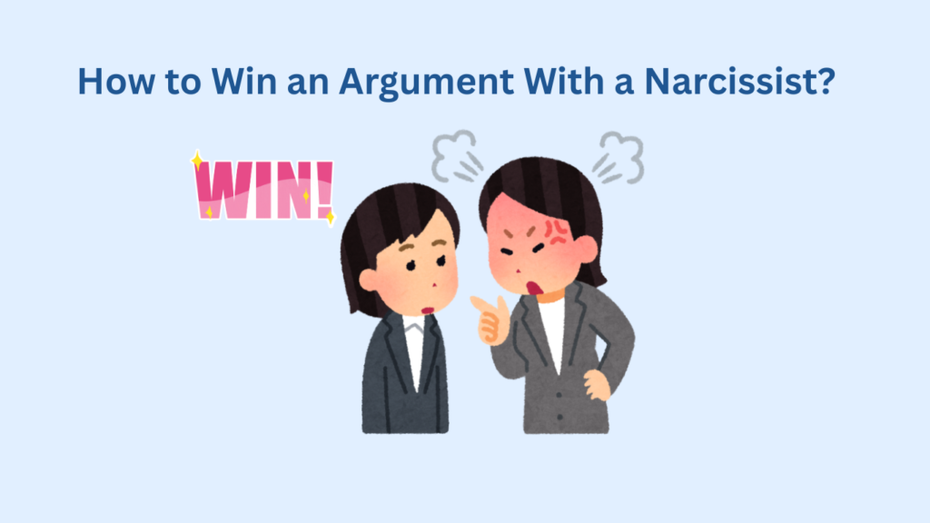 Two people in business attire face off. One calm, the other fuming with steam. The text "How to Win an Argument With a Narcissist?" and a bold "WIN!" graphic capture tips for handling tough conversations.