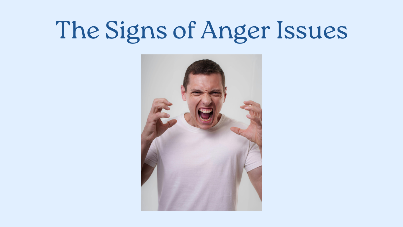 A man in a white shirt appears to be yelling with clenched hands, visually highlighting the Signs of Anger Issues under the bold title.