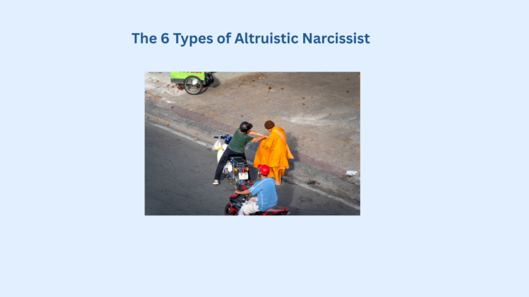 A person hands an item to a Buddhist monk on a sidewalk while two others on motorbikes are nearby. Text above reads "The 6 Types of Altruistic Narcissist.