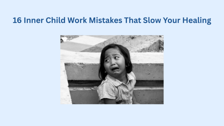 A young child looks scared and upset, leaning against a concrete surface. The text above reads, "16 Inner Child Work Mistakes That Slow Your Healing."