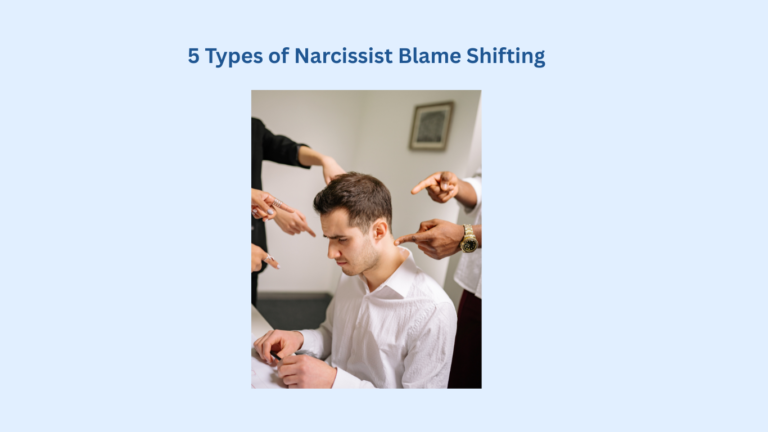 A man sits with a thoughtful expression as multiple hands point accusatively at him. The text says: 5 Types of Narcissist Blame Shifting.