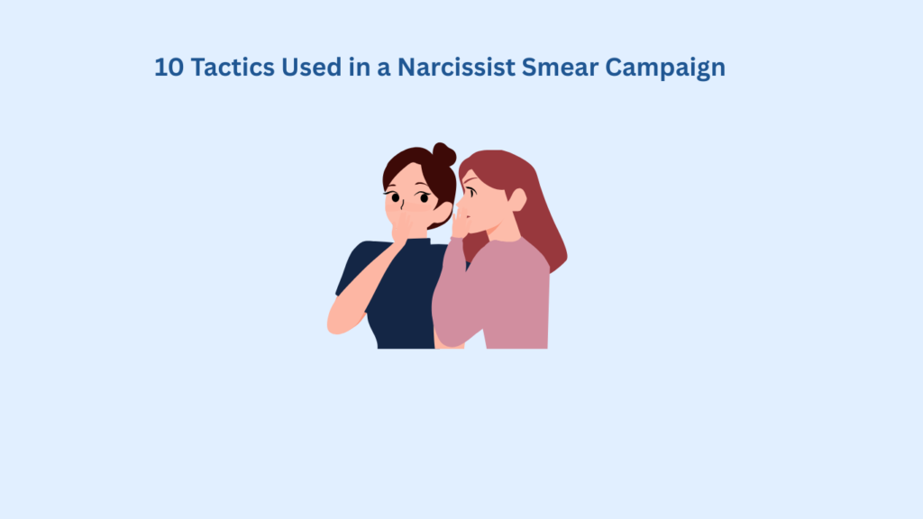 Two illustrated women, one whispering into the other’s ear, under the text “10 Tactics Used in a Narcissist Smear Campaign” on a light blue background.
