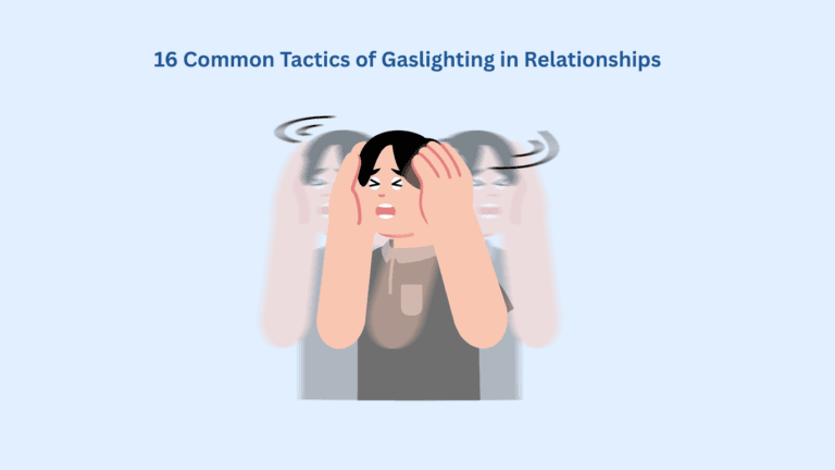 Illustration of a distressed person holding their head, with blurred outlines showing confusion. Text above reads, "16 Common Tactics of Gaslighting in Relationships.