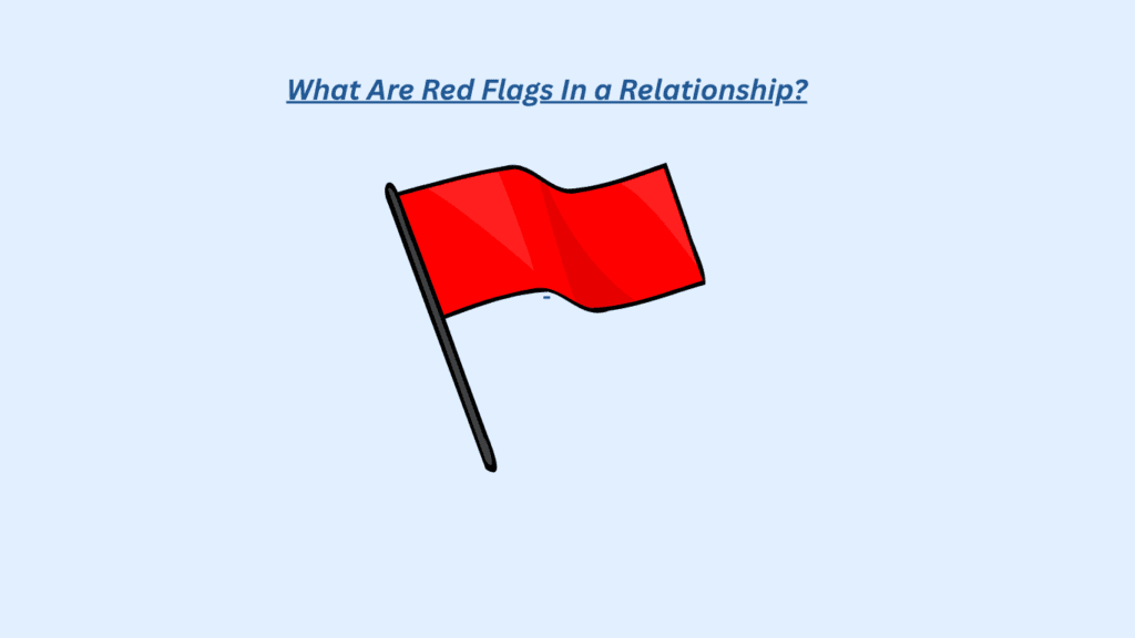 A red flag illustration with the text "What Are Red Flags In a Relationship?" in bold, italicized font above the flag on a light blue background.