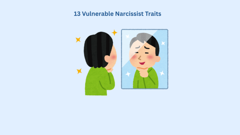 Cartoon person in green shirt admiring themselves in a mirror, with the text "13 Vulnerable Narcissist Traits" above.