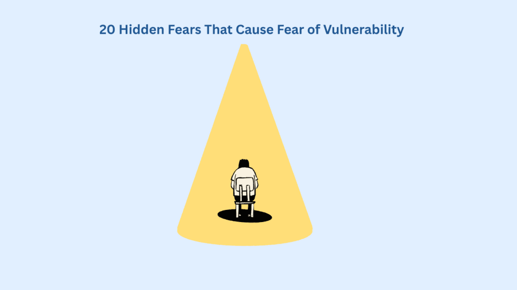 A person sits alone on a chair under a spotlight, with the text "20 Hidden Fears That Cause Fear of Vulnerability" above.