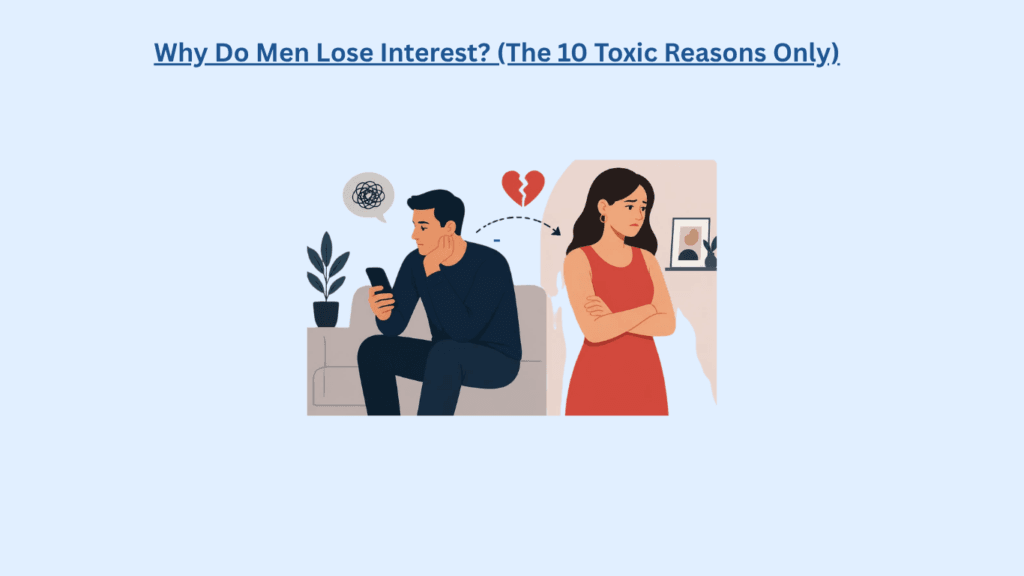 A man sits on a couch looking at his phone while a woman stands nearby with crossed arms; a broken heart icon appears between them. Text above: Why Do Men Lose Interest? (The 10 Toxic Reasons Only)
