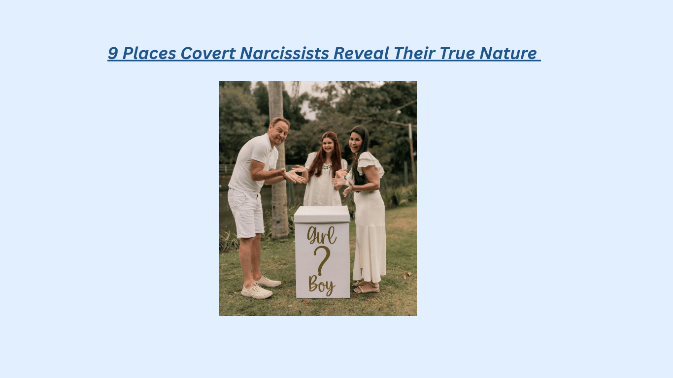 Header reading “9 Places Covert Narcissists Reveal Their True Nature” above a photo of two people standing beside a gender reveal box labeled “Girl ? Boy”.