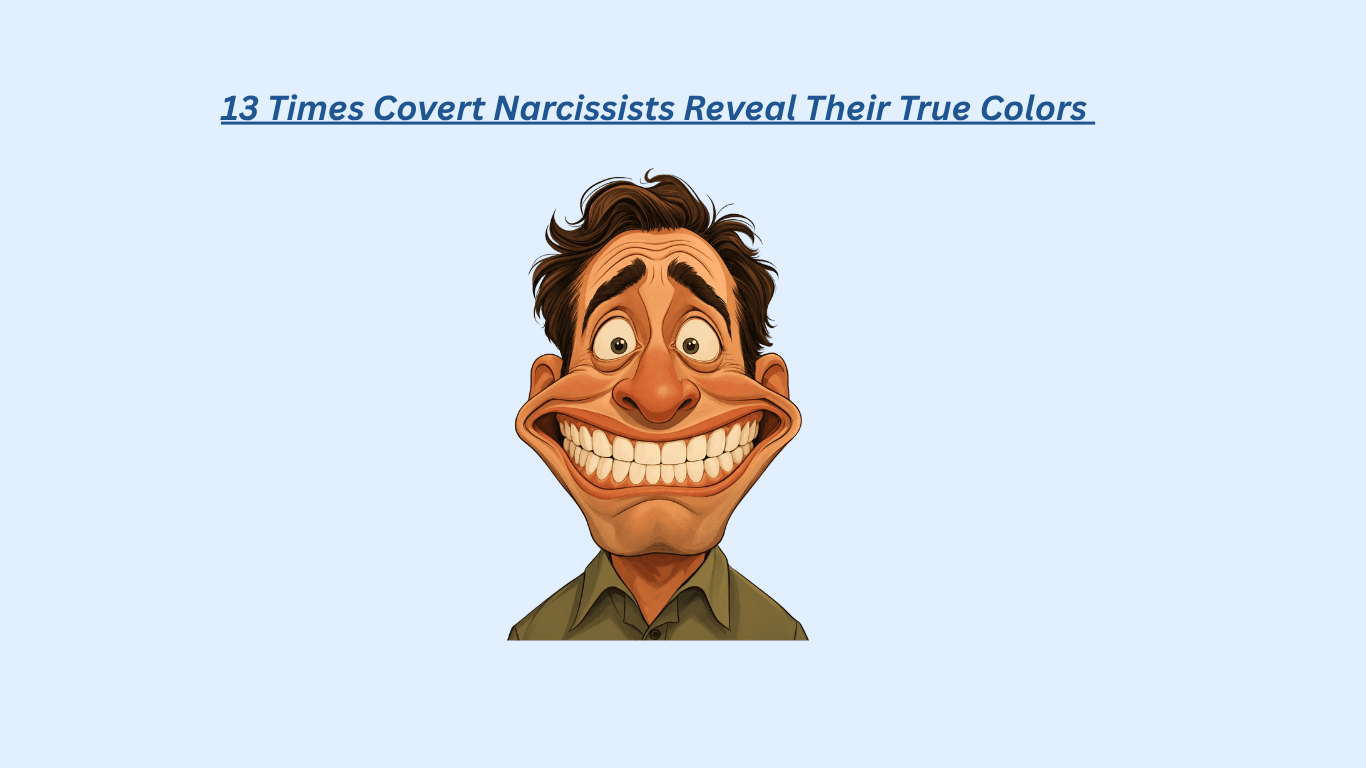 Caricature of a man with a wide, exaggerated grin, with the text: “13 Times Covert Narcissists Reveal Their True Colors”.